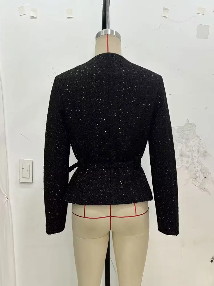 여성용 HH 2025 가을 재킷, 패션 메탈 버튼 스팽글 코트, 긴 소매 O넥 재킷, 벨트 포함, 여성 빈티지 스트리트웨어