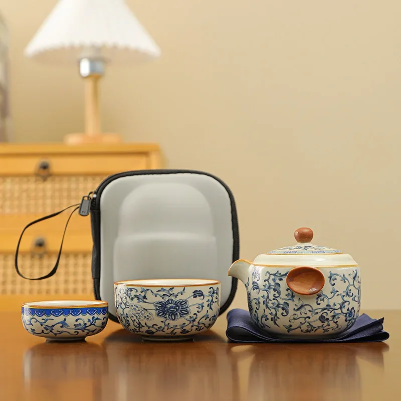 Ru Kiln Quick Cup Portable Bag Travel Tea Tools Set Chinese Ceramic Kung Fu Tea Set One Pot Three Cups Souvenirs Can Print LOGO
