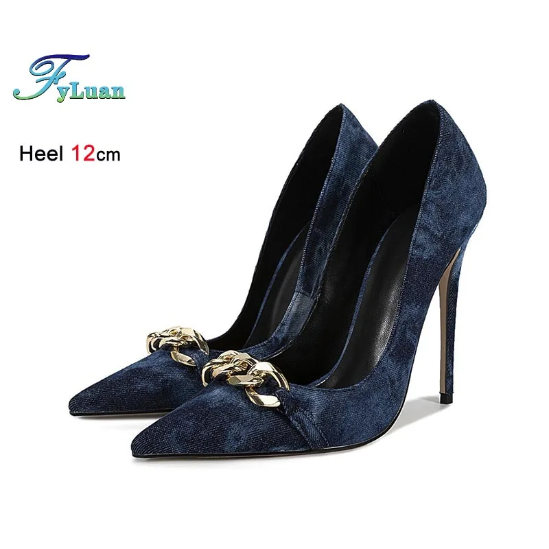 

2025 Fashion Pumps Denim 12cm Super High Heels Women Single Shoes Sexy Pointed Toe Shallow Mouth Stiletto Lady Model Show Shoes