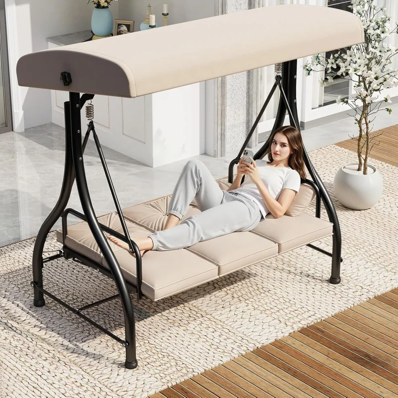

3 Patio Swing Chair with Adjustable Backrest & Canopy, 2-in-1 Convertible Outdoor Swing Bed, Patio Daybed with Removable So