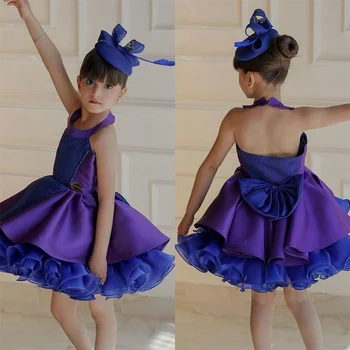 女の子のための花柄のドレス,カスタマイズされた,ボールガウン,ホルターネック,ミニレングス,オープンバックスカート,レイヤード,折りたたみ式ドレープ