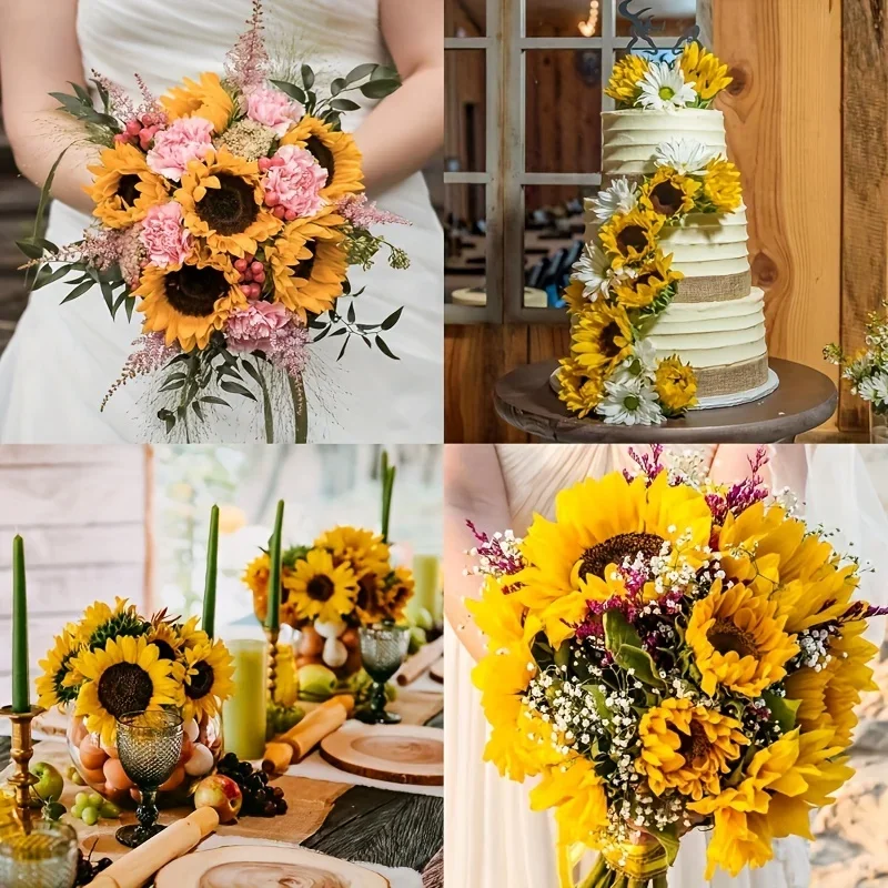 6/12 Stück UV-beständige künstliche Sonnenblumenarrangements mit dunkelbraunen Stielen, perfekt zur Verschönerung von Hochzeiten, Häusern und Außenbereichen – Detail 1