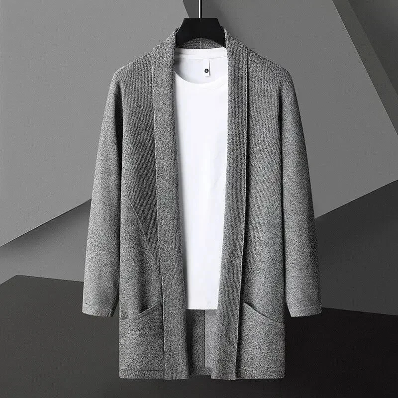 

Korean and Japanese Style Men's Mid-length Slim-fit Sweater, New Style for Spring and Autumn, Pure Color Knitted Cardigan