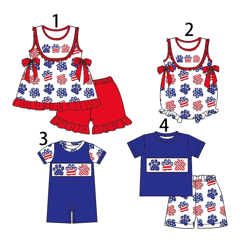 Hot wholesale sale Independence Day Boys and girls clothes Claws and flag elements Text shorts and onesie styles