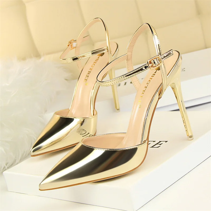 Fashion Simple Sandals Women 2024 Patent Leather Shallow Mouth Thin High Heels Summer Comfort Pointed Toe Buckle Pumps