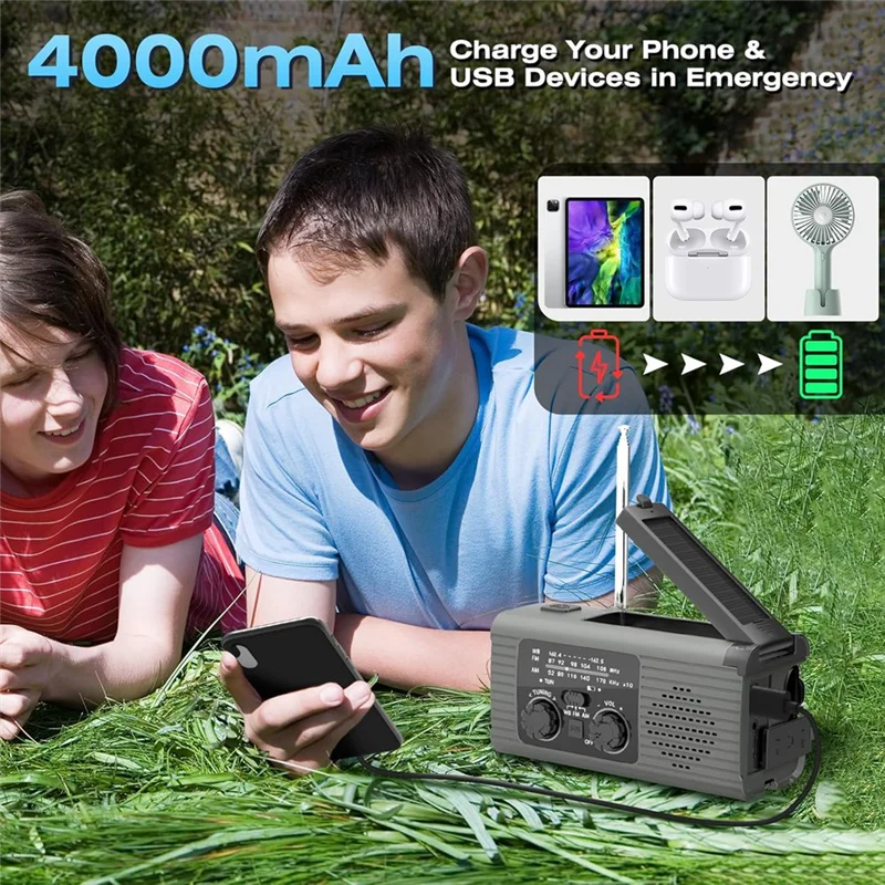 Emergency Radio Hand Crank Radio Multi-Function AM/FM/NOAA Solar Hand Crank Emergency Radio SOS Alarm 4000Mah