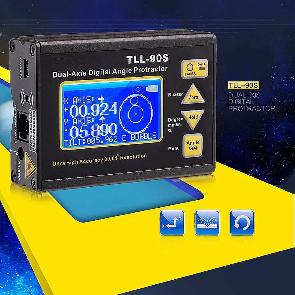 TLL-90S High Precision Laser Angle Protractor 0.005° Dual-Axis Digital Inclinometer 0.001° Magnetic Electronic Level Meter RS485