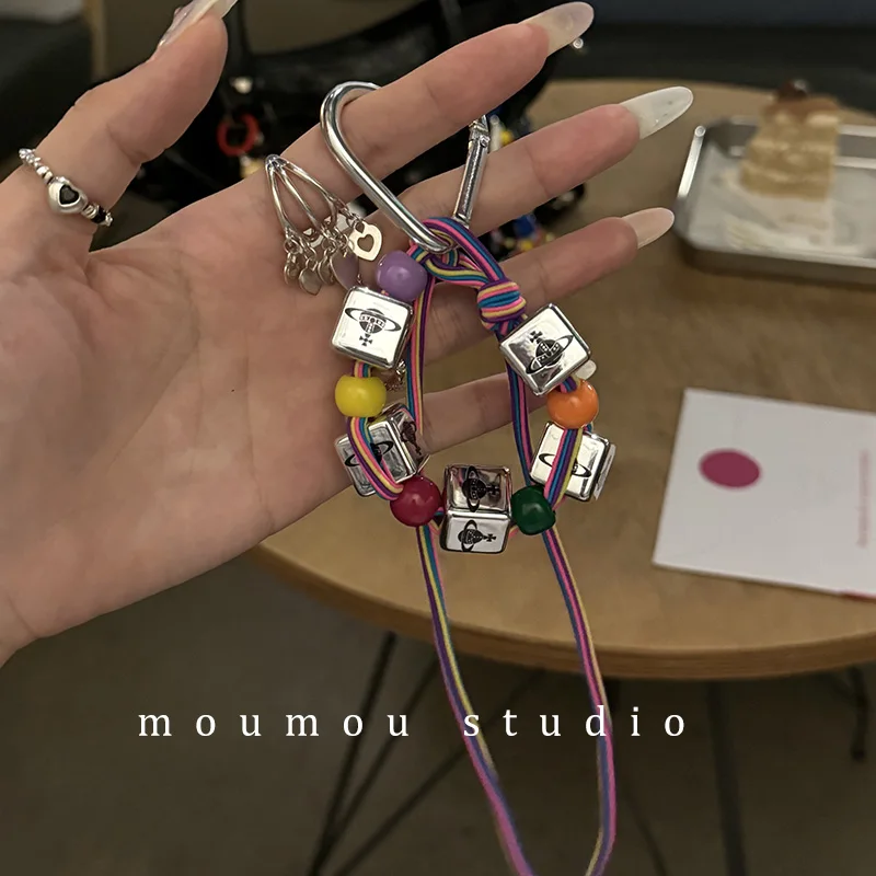 

Creative Square Pearl Planet Keychain Korean Style Colorful Rope Women's Bag Pendant Fashion Phone Chain Decorative Accessories