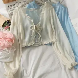 女性用薄手のシフォンコート,レースとリボンのカジュアルブラウス,カーディガン,夏服