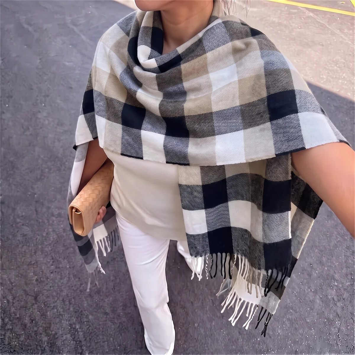 Classic Grid Check Tassel Long Scarf For Ladies Soft Touch Plaid Pattern Fringe Edge Versatile Daily Outdoor Neck Wrap Scarves