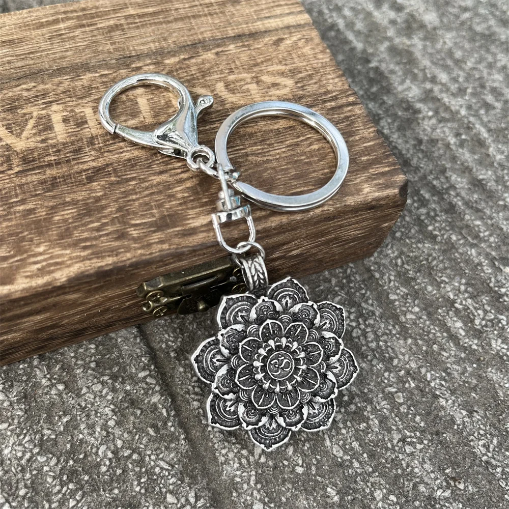 Retro OM Yoga Lotus Flower Keychain Vintage Gothic Key Accessories Holder Indian Jewelry