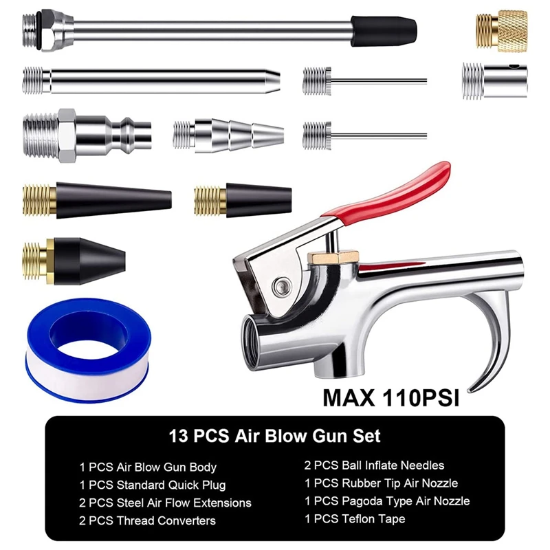 13 Pcs 2-Way Connection Air Nozzle Blow Tool Set, With 1/4 In Standard Quick Fitting For Air Inflation And Dedusting Spare Parts