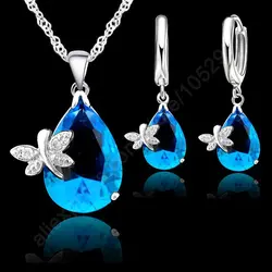 Jewelry Sets Creative 925 Sterling Silver  Austrian Crystal Butterfly Drop CZ Pendant Necklace Lever Back Hoop Earrings