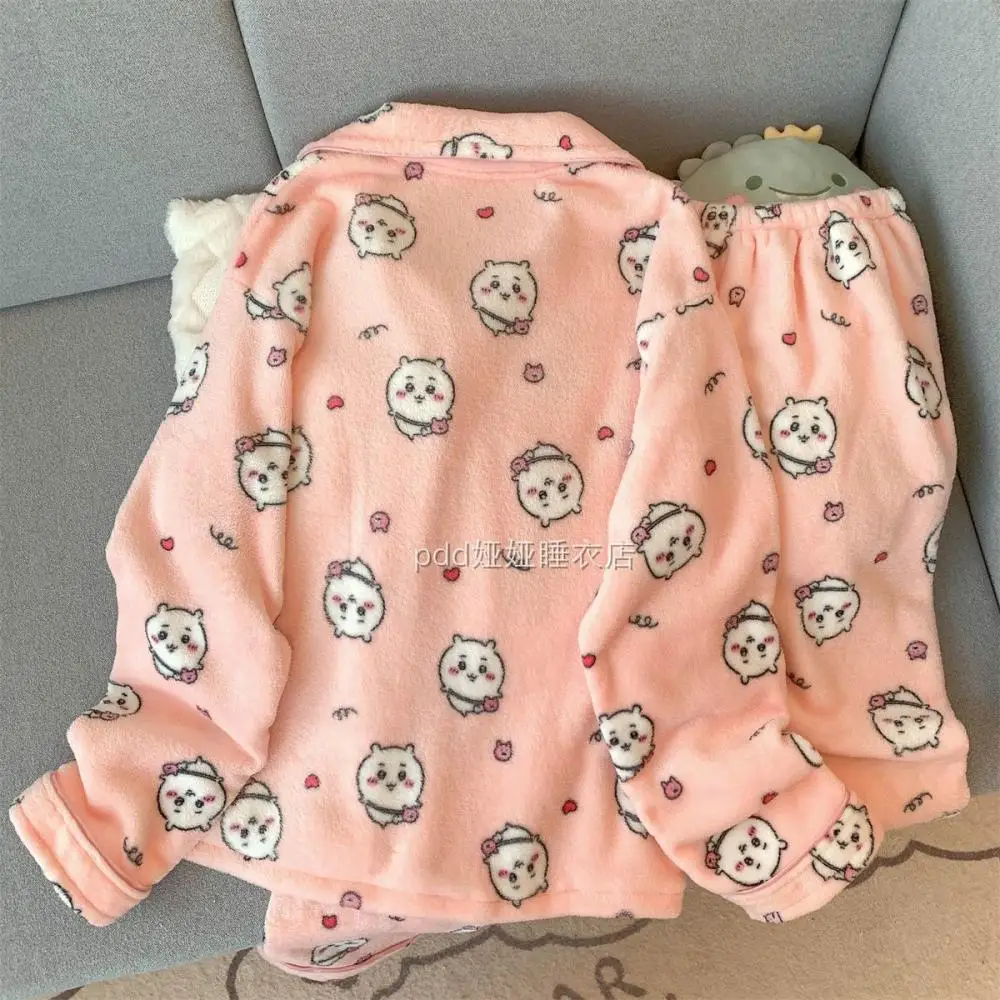 Usagi الفتيات سميكة ملابس المنزل 2 قطعة لطيف النساء الشتاء أفخم منامة مجموعة الكرتون Chiikawa Hachiware Kawaii ملابس نوم دافئة