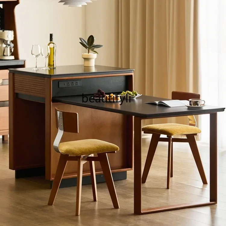 X Vintage Island Dining Table Integrated Solid Wood Rock Board Bar Cabinet Extendable Small Apartment Storage Cabinet