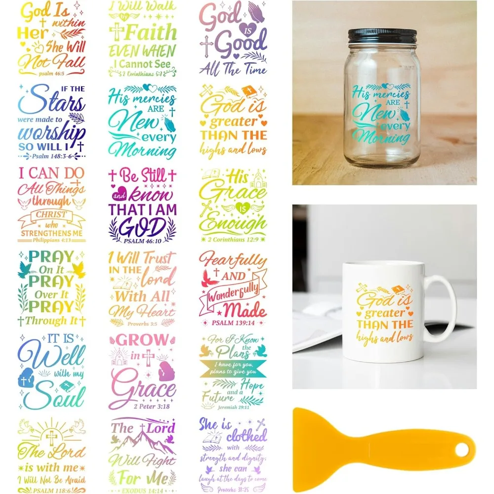 

18 Sheets Gradient Bible Quote Rub on Transfer 3.9x3.6inch Colorful Pigeon Leaves Home Decals Cup Transfer Decals for Furniture