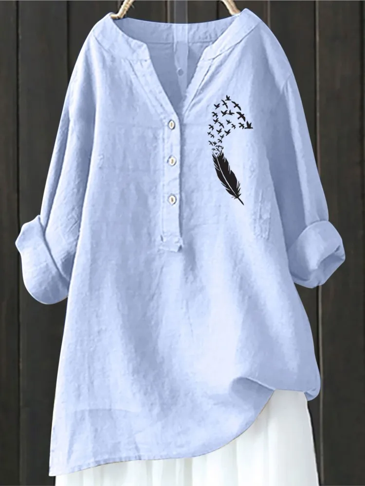 Women New Fashion V-neck Buttons Long Sleeve Linen Tops And Blouses Autumn Loose Casual Feather Print Shirts Women's Top Femme