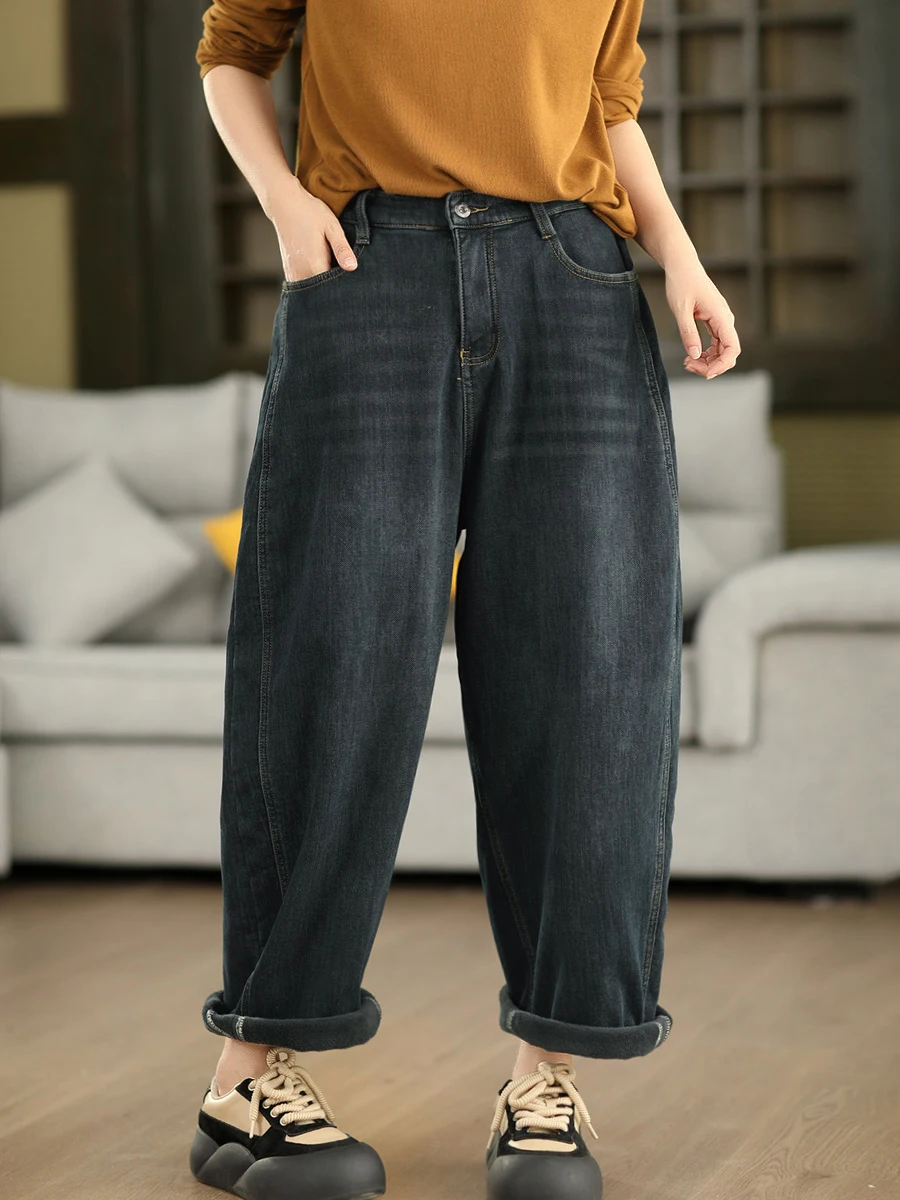 

Джинсовые брюки с высокой талией в стиле ретро, женские свободные утягивающие теплые повседневные брюки, осенне-зимние женские свободные брюки без стрейч