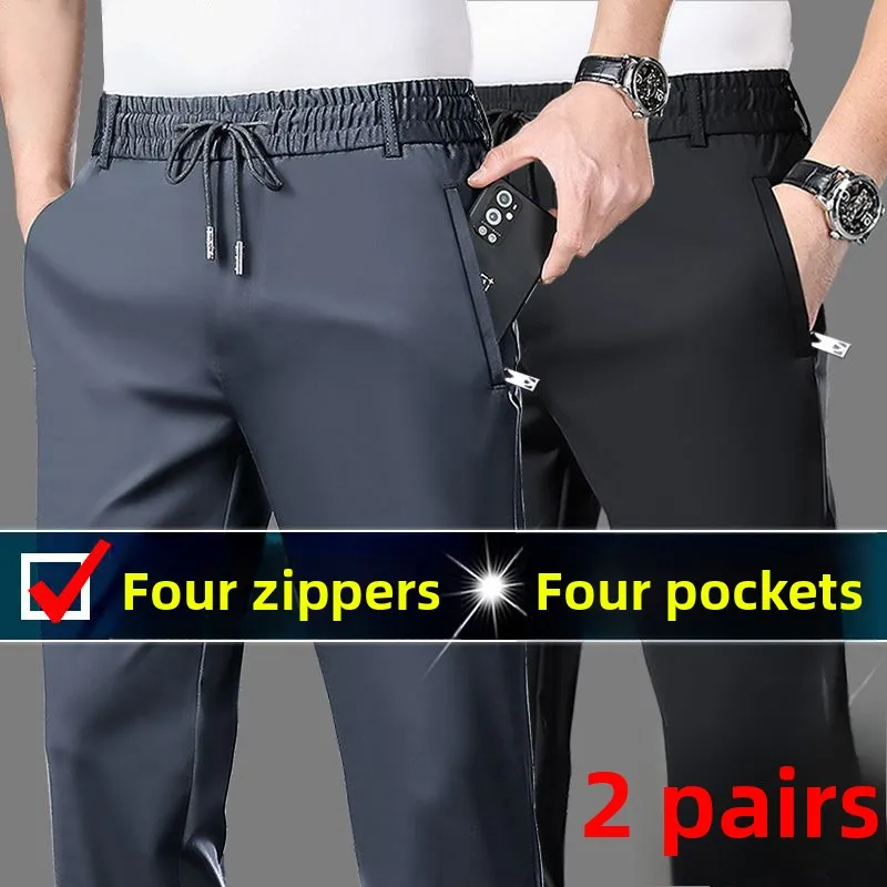 بنطلون رياضي فضفاض للرجال بأسلوب جديد لفصلي الربيع والصيف، متعدد الجيوب والسوستات، من خامة آيس سيلك، بنطلون طويل مستقيم الساق.