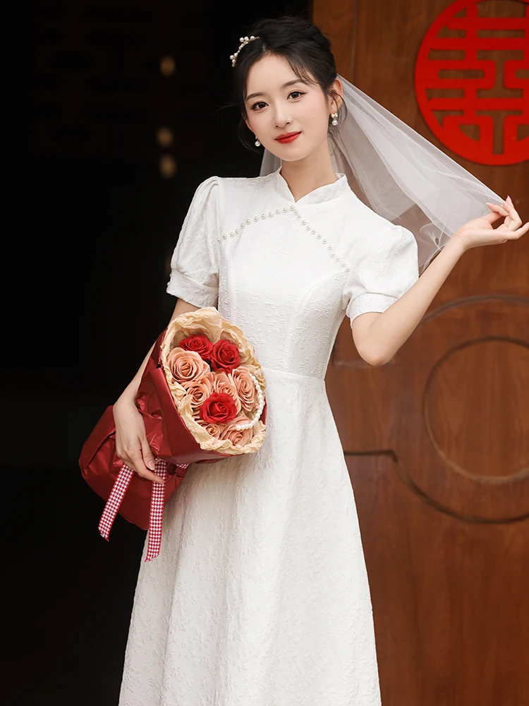 

Белое платье-ципао с высокой талией для беременных, скрывающее живот, А-силуэт, для помолвки и свадьбы