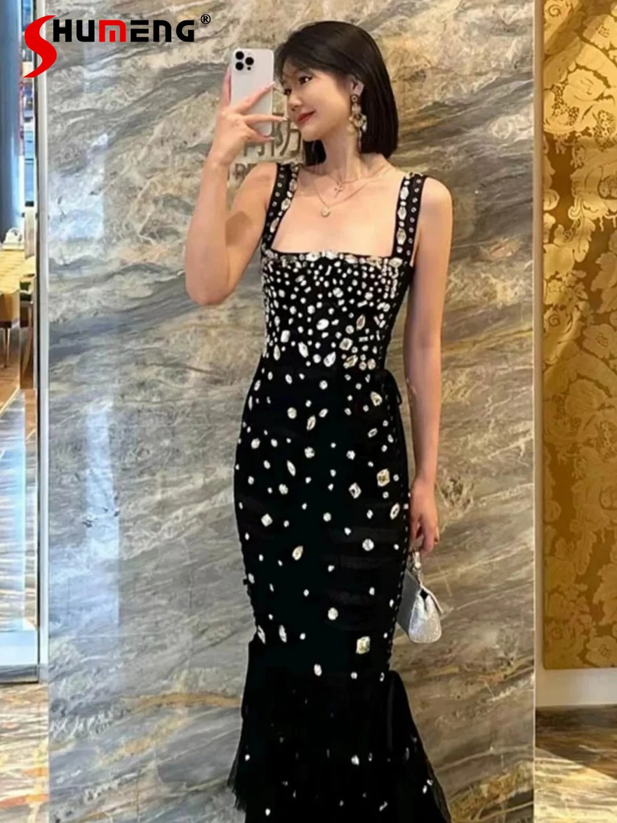 

High-End Beaded Slim-fit Dresses Women's 2024 New Elegant Dress Feminine Light Luxury Waist-tight Slimming Sleeveless Dresses