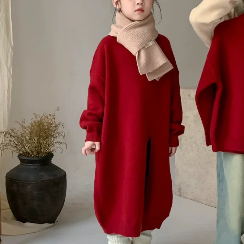 2025 Winter Kids Stylish Thickened Knitwear Set Warm Unisex Baby Sibling Sweater Red Toddler Tops
