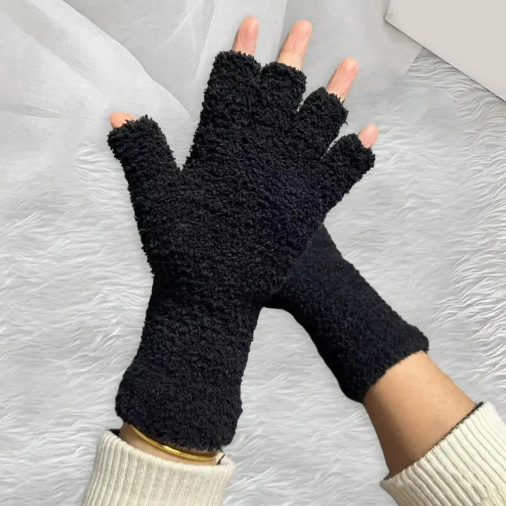 1 Pair Unisex Gloves Half-finger Thick Fleece Elastic Anti-slip Gloves Warm Extended Wrist Students Writing Office Typing Gloves