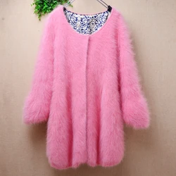 Ladies Women Autumn Winter Pink Hairy Mink Cashmere Knitted Three Quarter Sleeves Slim Cardigans Angora Fur Sweater Jakcet Pull