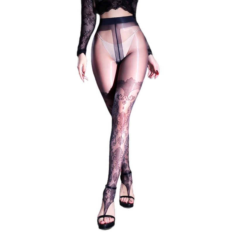 Women Sexy Stockings Aurora Vintage Jacquard Oil Shiny Glossy Ultra-Thin Transparent Open Crotch Hollow Toe Clip Foot Pantyhose