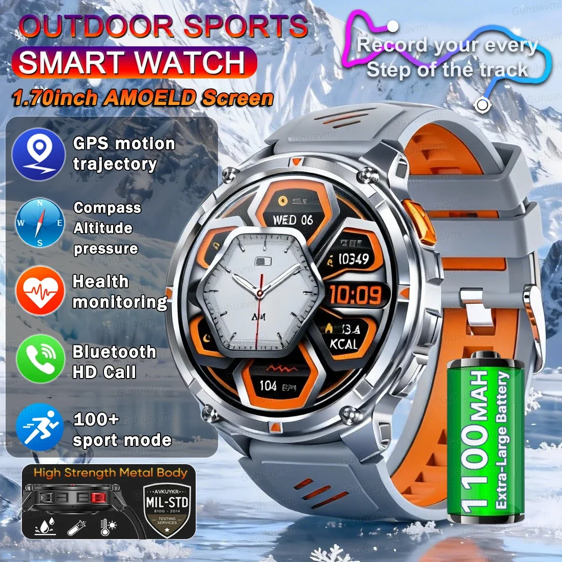 

New 1100mAh Battery Outdoor Ultra Durable Men Smartwatch Flashlight Heart Rate Bluetooth Call 5ATM Waterproof Sports Smart Watch