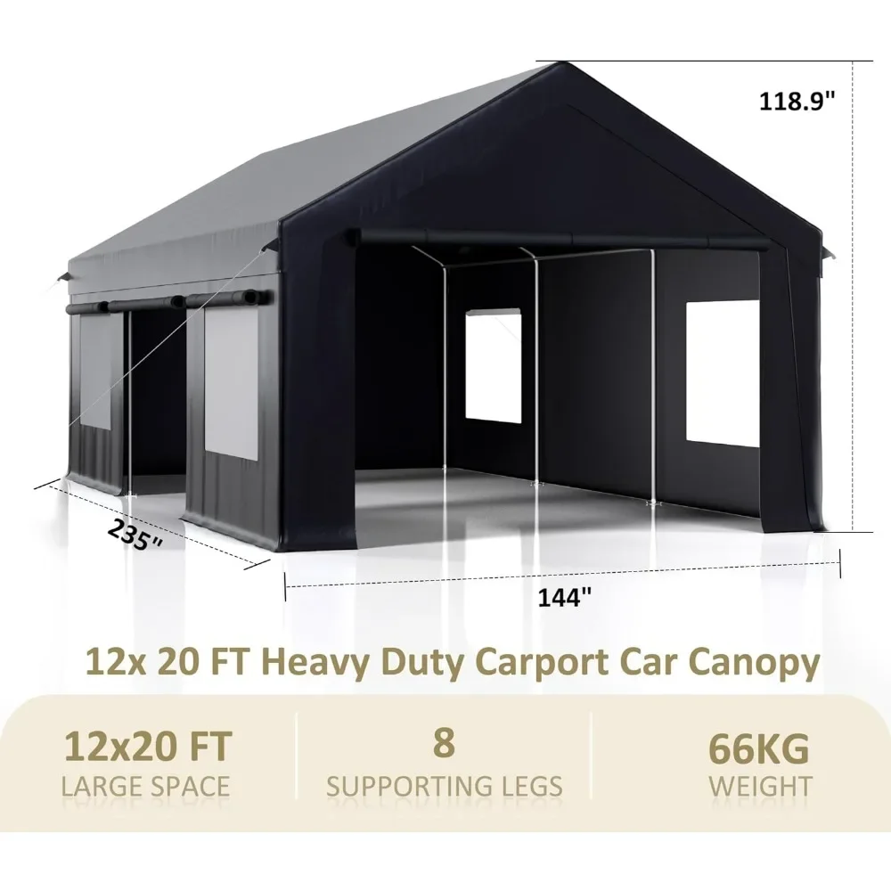 Carport, 12' X 20' Heavy Duty Portable Garage, Carport Canopy with Side-Opening Door & Roll-Up Windows, Car Canopy Outdoor Black