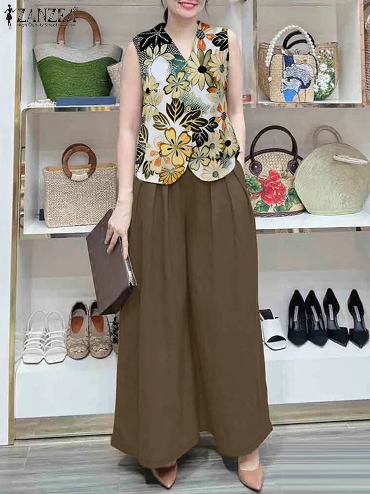 

Vintage 2PCS Women Matching Sets 2025 Summer Outfits ZANZEA Sleeveless Printed Vests Tops Pant Suit Casual Loose Work Tracksuits