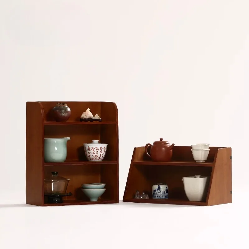 Antique Wood Tea Cup & Pot Storage Cabinet, Multi-Layer Curio Rack & Display Shelf for Teaware, Space-Saving Organizer for  Room