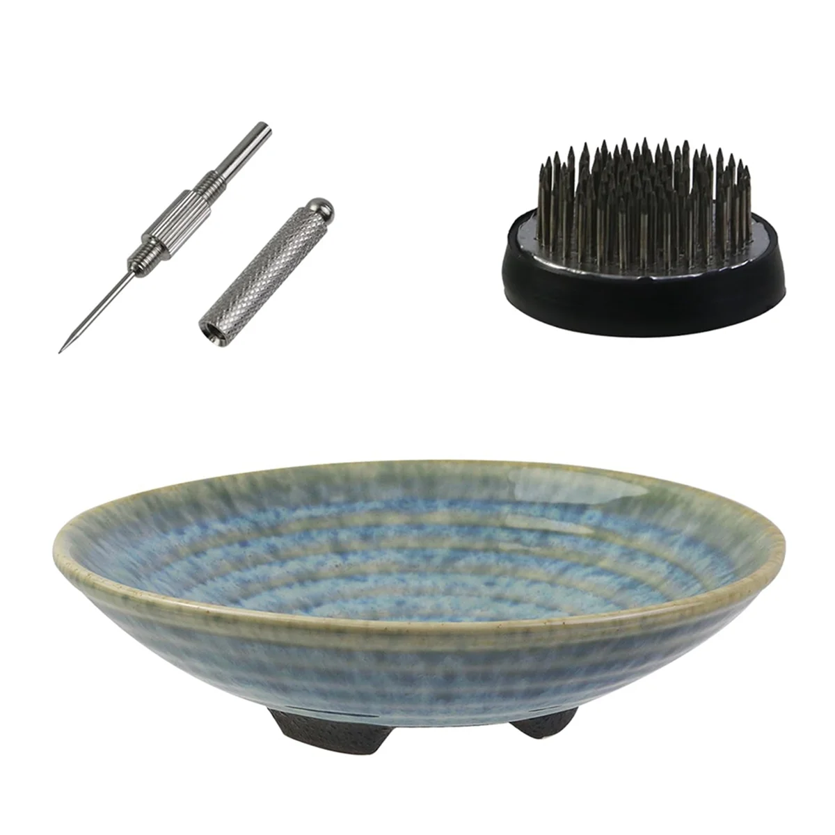 

Ikebana Vase Kit, Ceramic Ikebana Bowl and Metal Flower Kenzan, with Needle Straightening Tool Blue