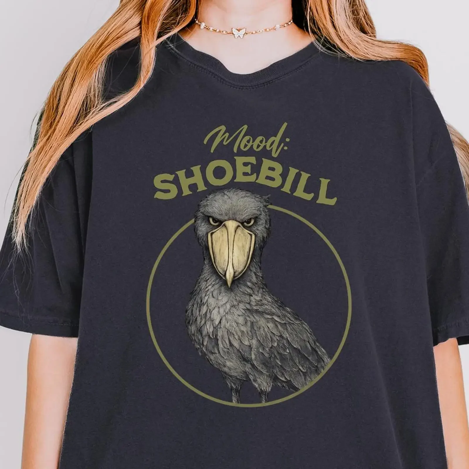 Mood Shoebill T shirt Bird Illustration Exotic vintage Washed graphic Breathable Versatile Casual Slightly