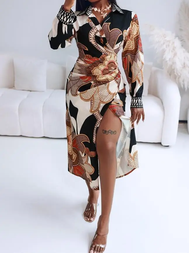 Vestido feminino outono inverno 2025 estampa geométrica casual detalhe amarrado camisa vestido vintage impresso fino ajuste plissado vestido elegante