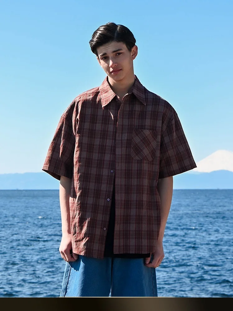 

Summer Trendy Loose Couple Plaid f Sve irt Cotton Youth ular Sle ort Sve Turn-down Collar Casual Outerwear