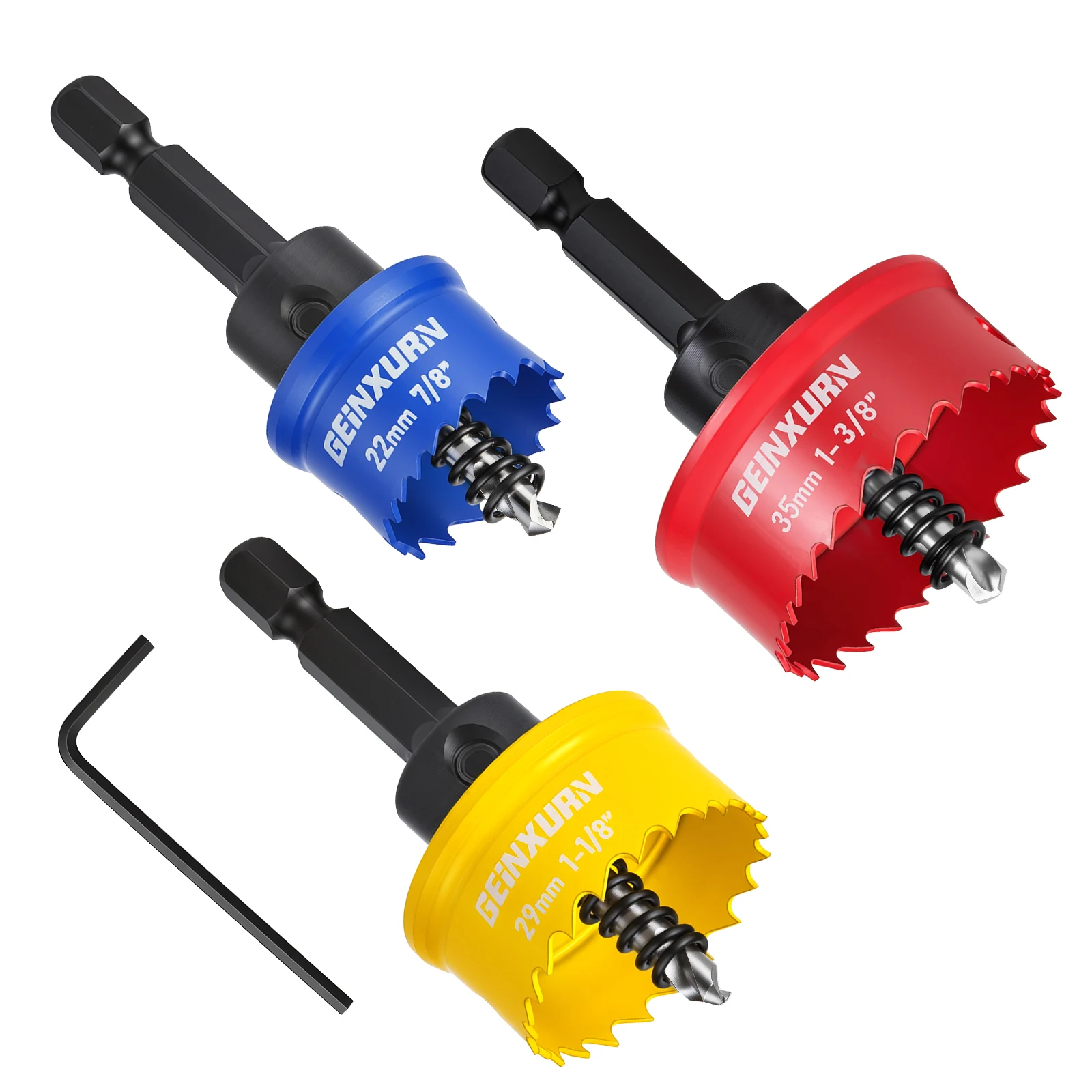 

Geinxurn M42 Hole Saw Set: 22/29/35mm Bi-Metal with Hex Shank & L-Wrench. Fast Cutting for Metal, Wood, Plastic, Drywall