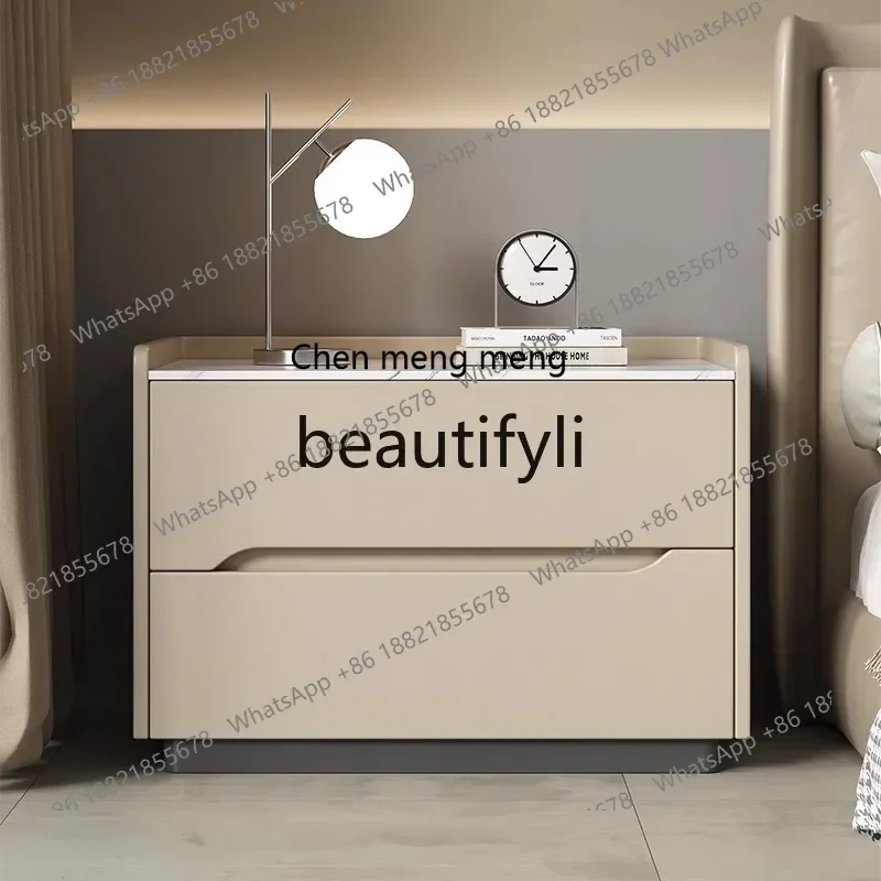 

Light luxury high-grade rock slab bedside leather bedroom bedside storage cabinet