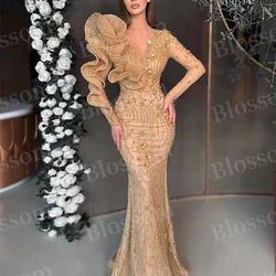 V-neck Mermaid Gala Dress Ruffled long sleeve Ball dress Applique lace cocktail dress