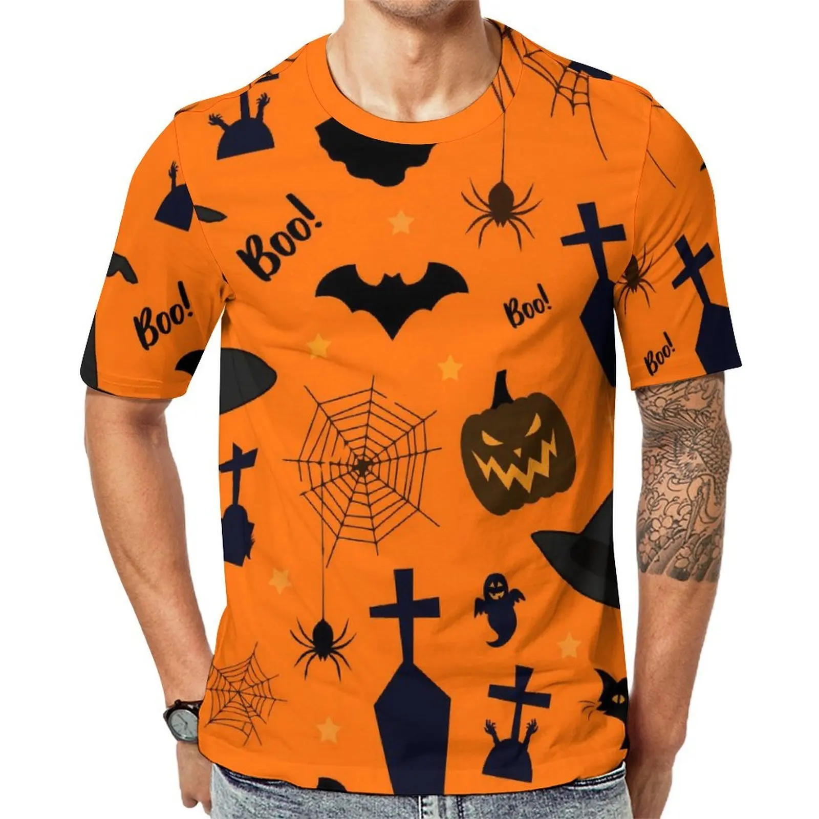 Happy Haunts T-Shirt For Male Halloween Cat Ghost Printed O Neck T-Shirts Summer Clothes Short-Sleeve Streetwear Oversize Tees