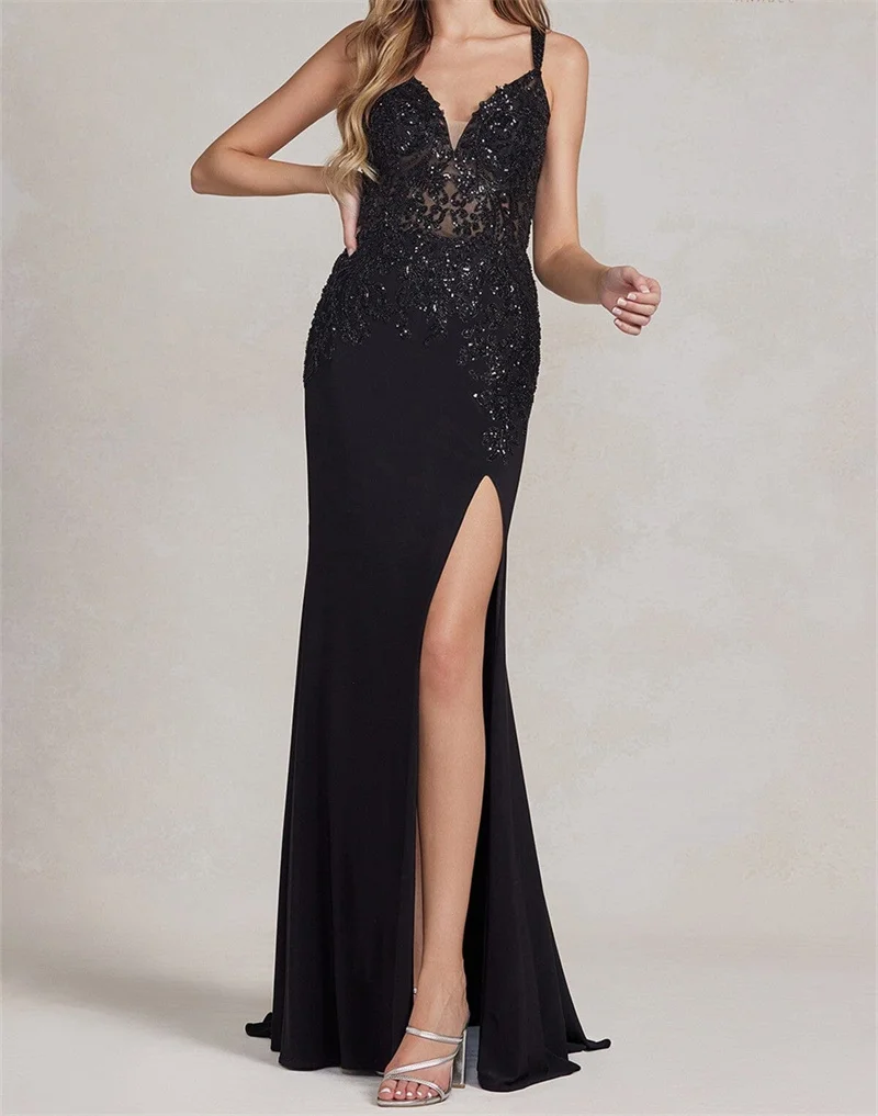 Sparkly Double Spaghetti Straps Fitted Satin Prom Dress with Slit V-Neck Embroidered Birthday Dresses Applique Robes De Soirée