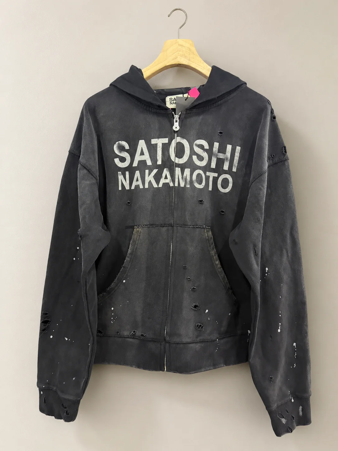 Satoshi Nakamoto Washed Vintage Zip Up Hoodie Men Women Oversized Splatter Print Distressed Streetwear Sweatshirt