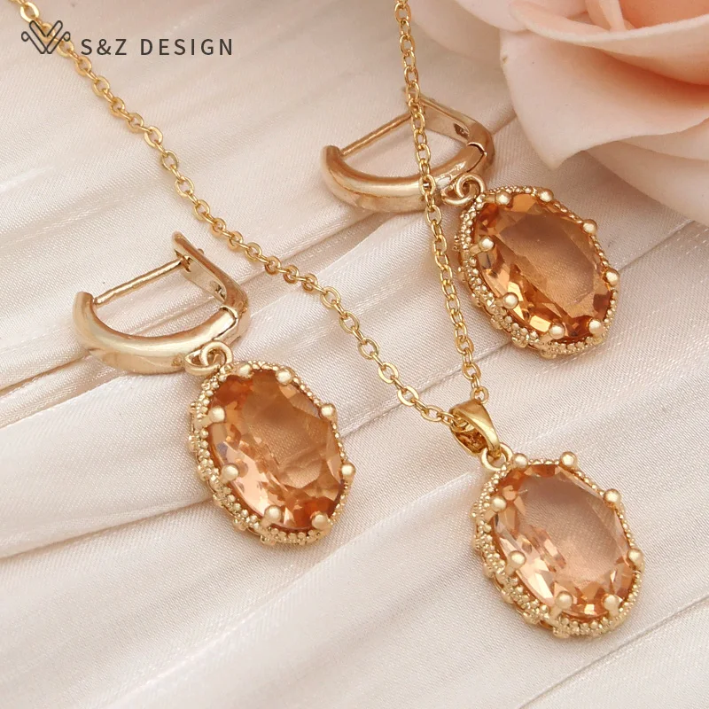 S&Z DESIGN New Fashion Egg Shape Oval Cubic Zirconia Drop Earrings Jewelry Sets For Women Wedding Pendant Necklace Party Gift