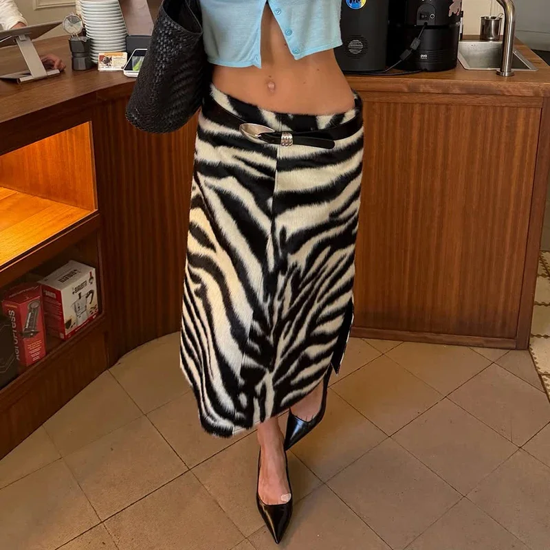 Women's Black White Zebra Print Midi Skirt High Waist A Line Plush Faux Fur Texture Animal Print Zipper Retro Y2K Street
