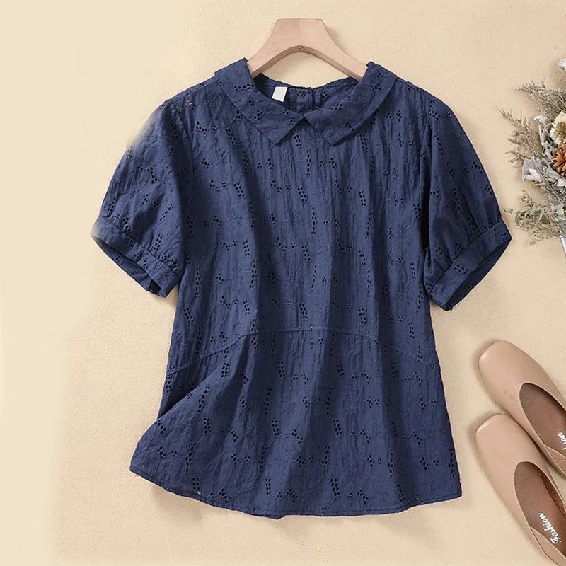 Cotton and Linen Hollow Jacquard Short-sleeved Shirt 2024 Summer New Women\'s Doll Collar Fashion Temperament Casual Blouse Z627