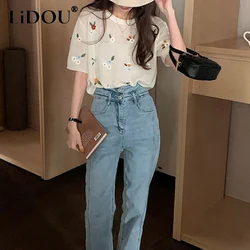 Summer New Round Neck Short Sleeve T-shirt Women Sweet Floral Embroidered Pullovers Japanese Style Temperament Knitting Tees