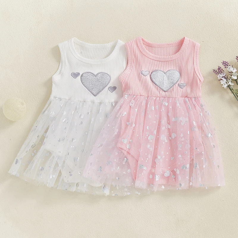 Pudcoco Infant Baby Girl Sleeveless Romper Dress Heart Round Neck Patchwork Mesh Jumpsuit Summer Clothes