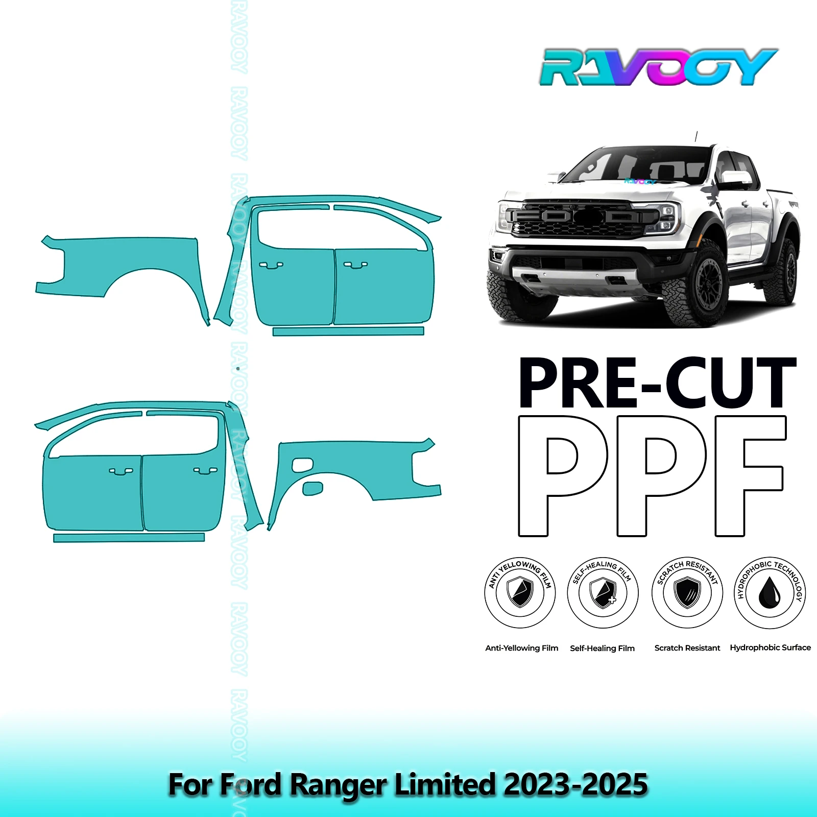 

For Ford Ranger Limited 2023-2025 8.5mil Clear Matte Pre-Cut PPF Door & A/B Pillar Kit TPU Paint Protection Film Set