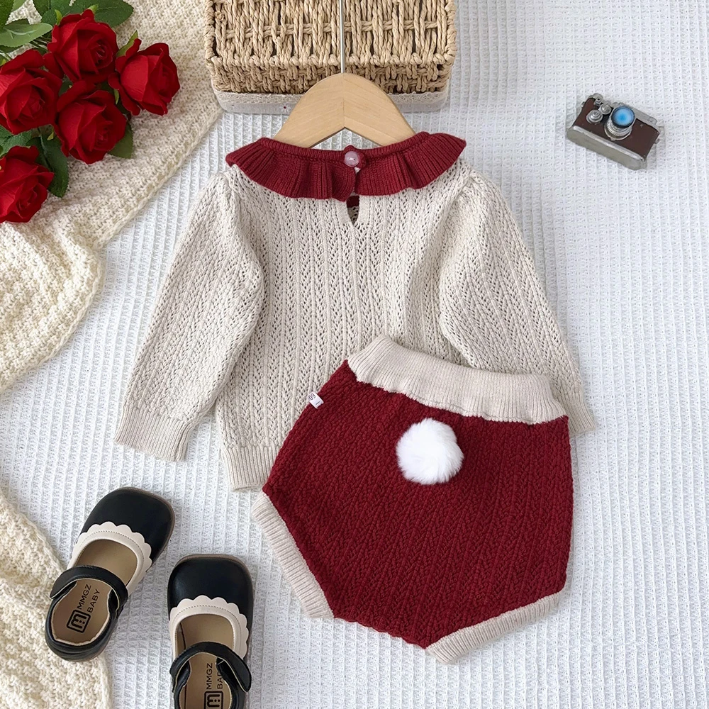 Baby Girl Cute New Year Costumes Collar Long Sleeved Knitted Top+white Wool Ball Shorts Sets Fashionable New Children\'s Clothing